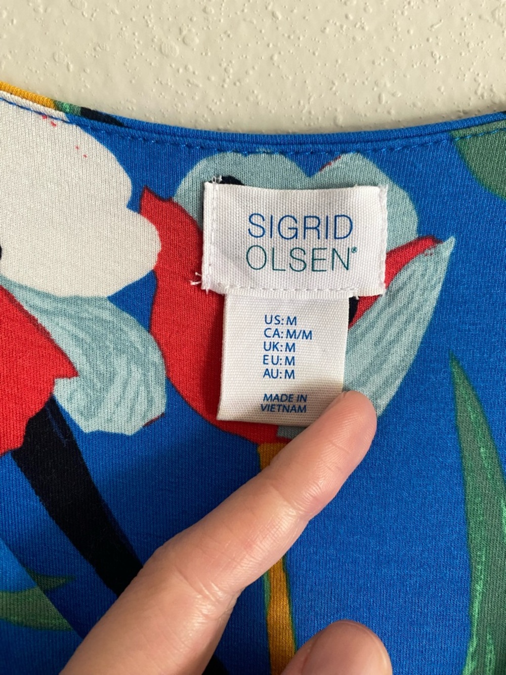 Sigrid Olsen Floral Faux Wrap Dress Size M Blue Red Tulip Print Jersey Midi - Picture 3 of 9